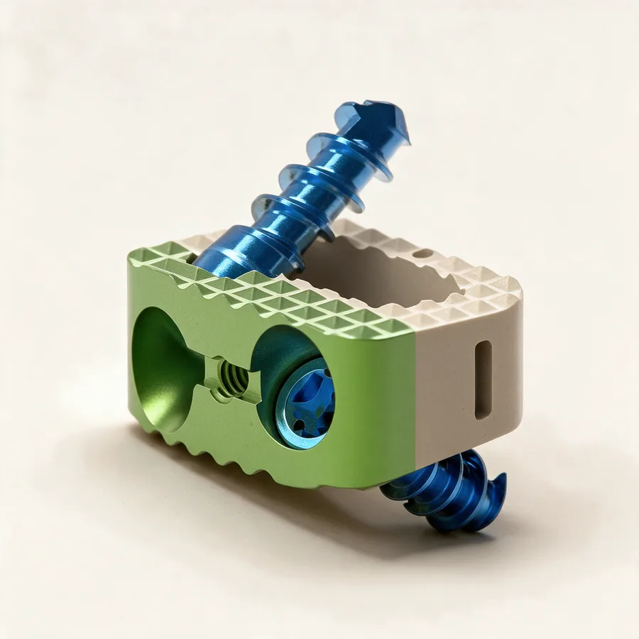Dispositivo intersomático cervical de PEEK con placa de titanio y tornillos de bloqueo. Imagen referencial.