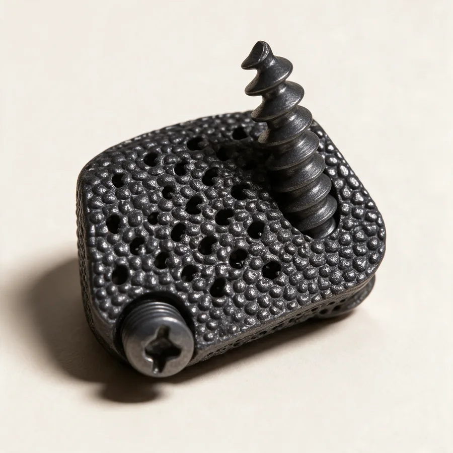 Dispositivo intersomático cervical de titanio trabecular bloqueado. Imagen referencial.
