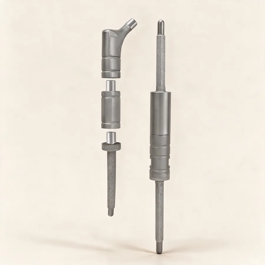 Endoprótesis modular de fémur y tibia, sistema de componentes ensamblables. Imagen referencial.
