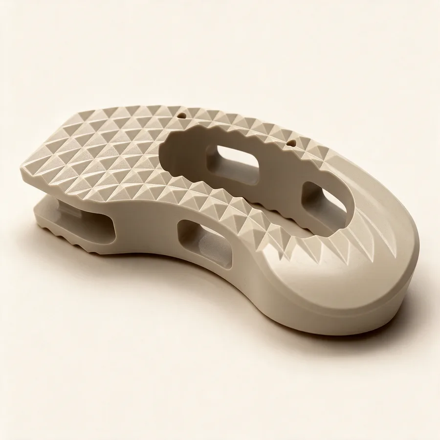 Dispositivo lumbar de PEEK TLIF, vía posterior. Imagen referencial.