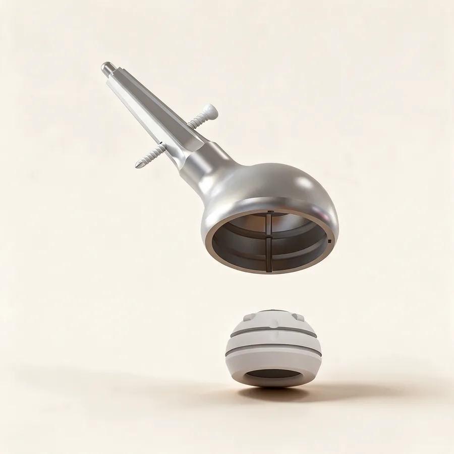 Prótesis de revisión acetabular con reemplazo óseo isquiático y borde antirrotacional. Imagen referencial.