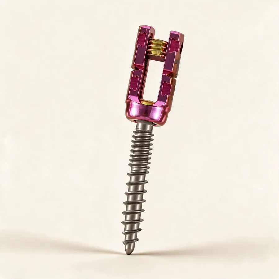Sistema de tornillos transpediculares monoaxiales y poliaxiales de titanio, lumbares, vía posterior. Imagen referencial.