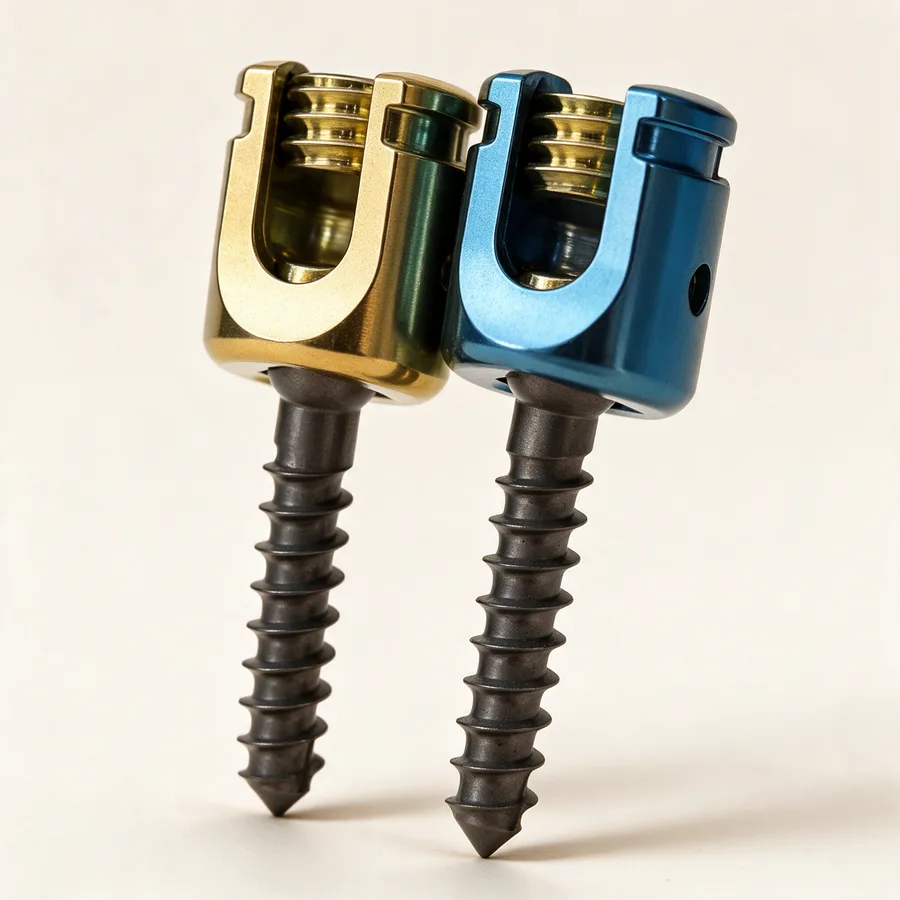 Tornillo poliaxial de titanio para columna cervical posterior. Imagen referencial.