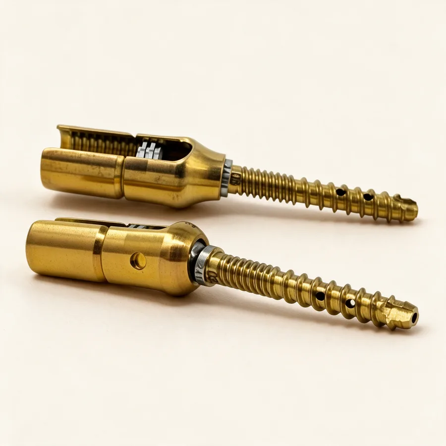 Sistema de tornillos transpediculares canulados fenestrados, lumbares, vía posterior. Imagen referencial.