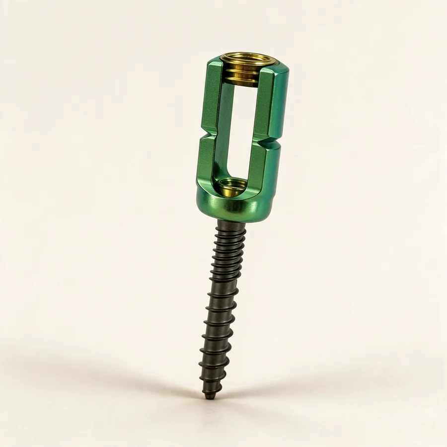 Tornillo transpedicular poliaxial de reducción. Imagen referencial.