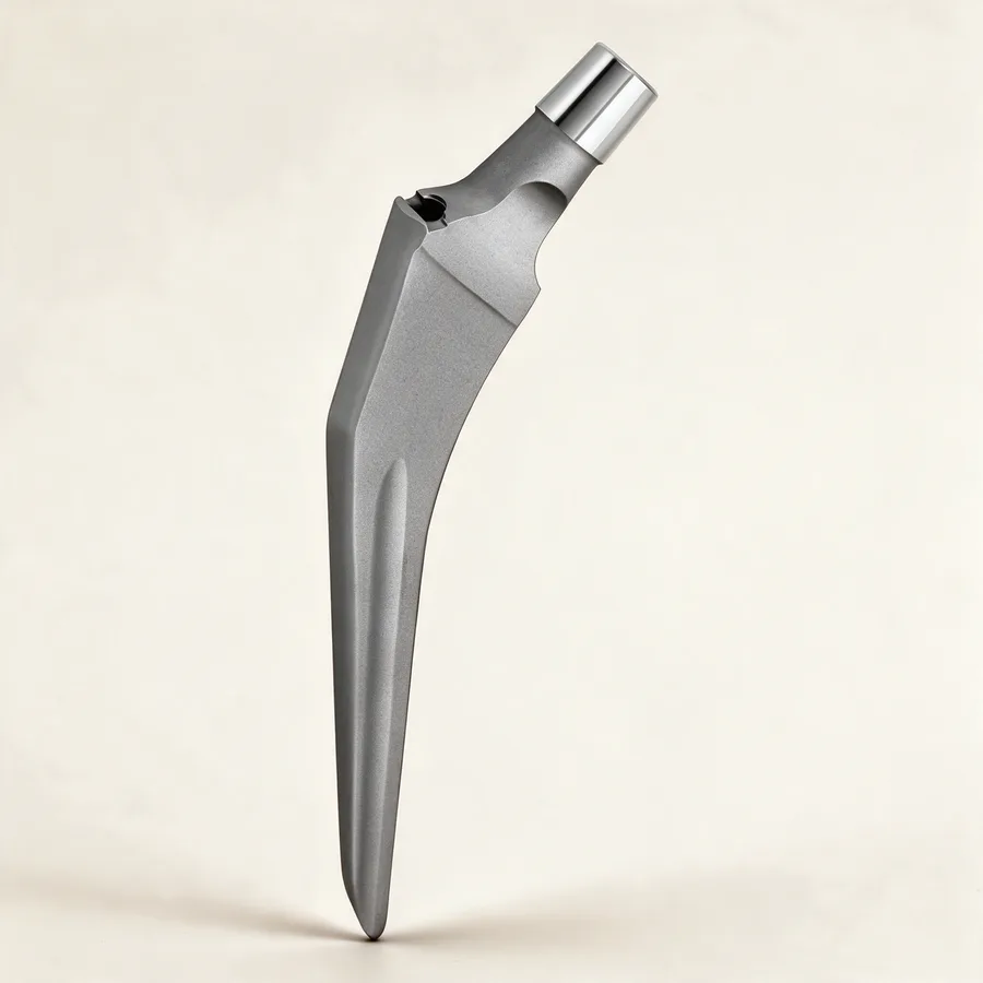 Vástago femoral cementado de acero inoxidable, cono 12/14, diez tallas. Imagen referencial.