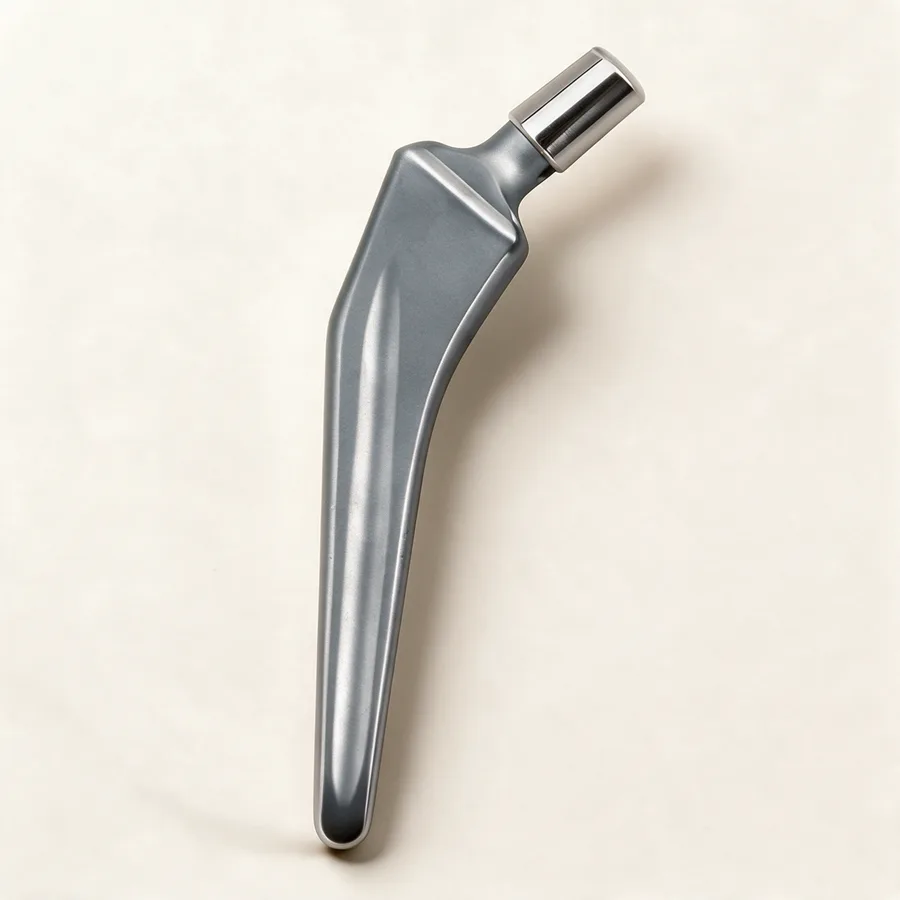 Vástago femoral cementado de acero inoxidable, cuatro tallas, cono 11/13 o 12/14. Imagen referencial.