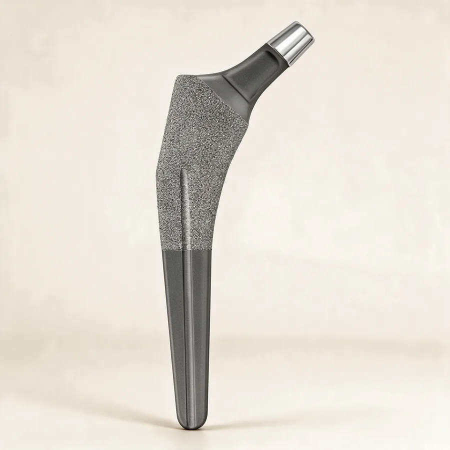 Vástago femoral no cementado de titanio con recubrimiento poroso, cuello de 131° y dos offsets. Imagen referencial.