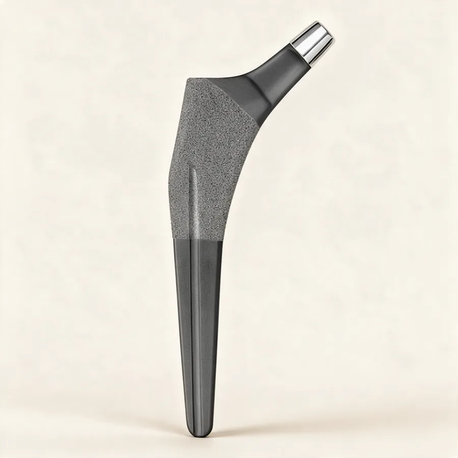 Vástago femoral no cementado de titanio con recubrimiento poroso, cuello de 131°, offset extendido. Imagen referencial.
