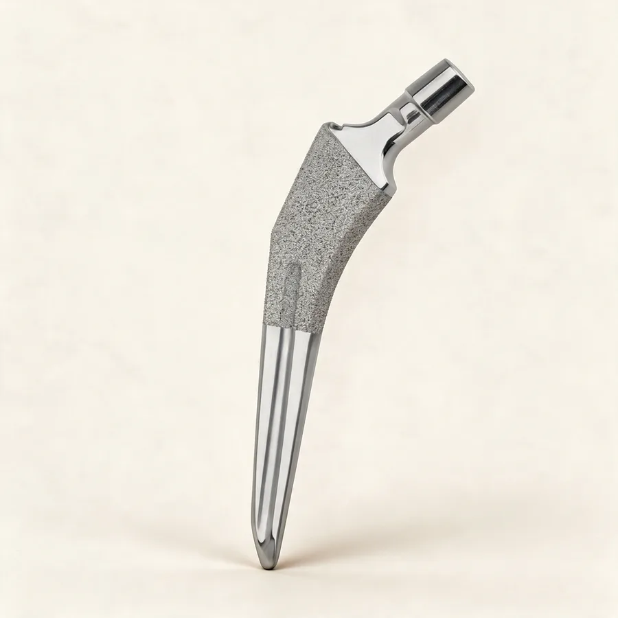 Vástago femoral no cementado de titanio con recubrimiento poroso, cuello de 135°. Imagen referencial.